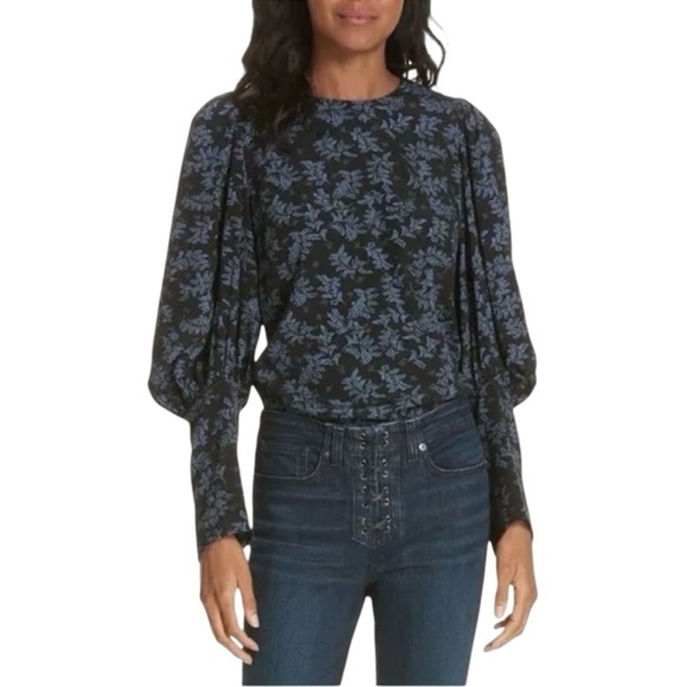 Veronica Beard Clarke Silk Blouse 6 Puff Sleeve Floral Back Button Romantic